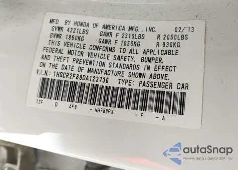 2013 Honda Accord Ex-L from USA, damaged, VIN 1HGCR2F88DA123736